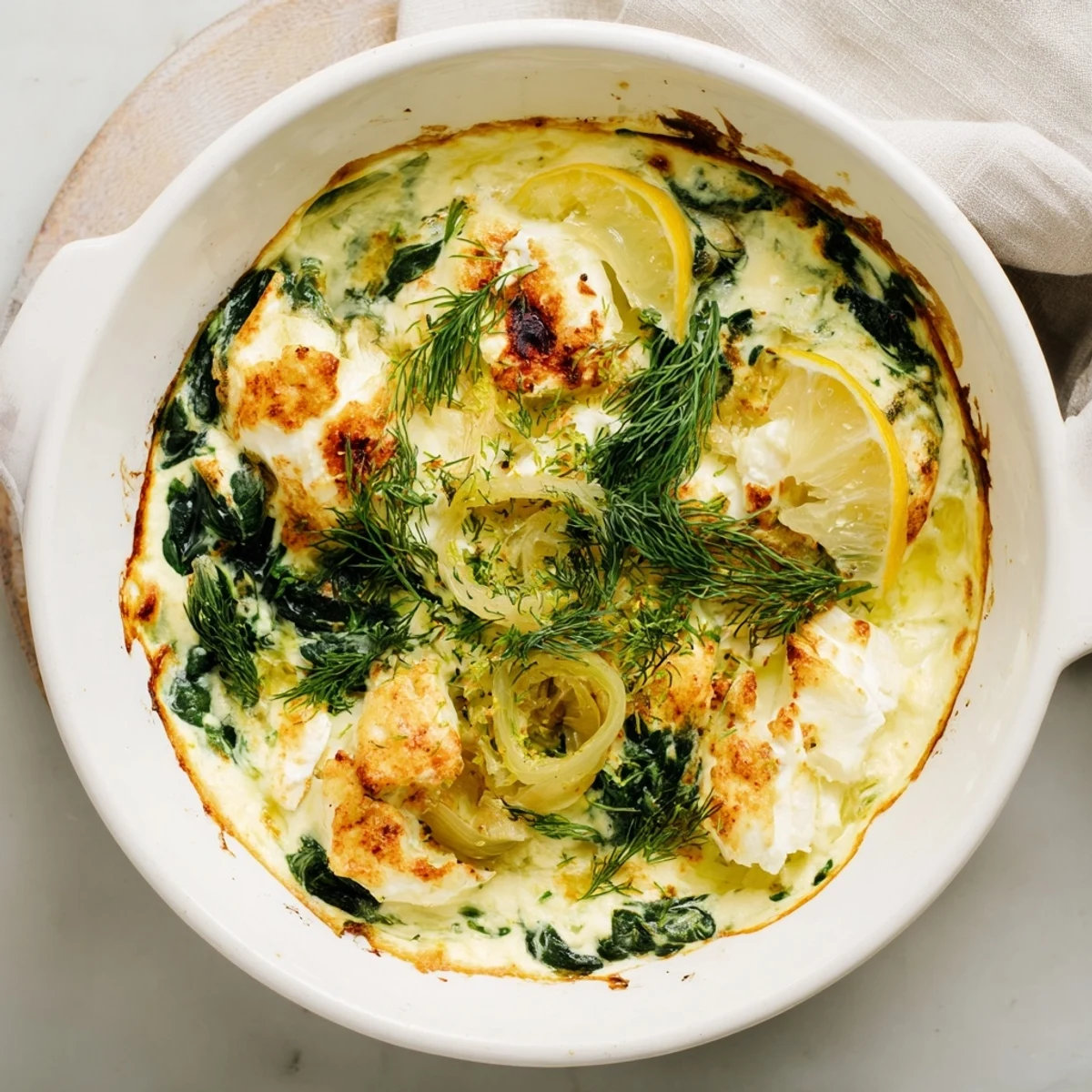 Fresh Spinach and Pepperoncini Baked Feta Dip garnished with herbs, ready to enjoy at a Mediterranean-inspired gathering.