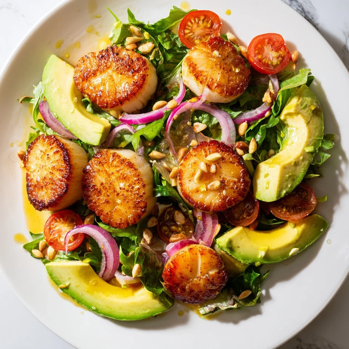 A close-up of a warm Pan Seared Scallops Romantic Dinner Salad garnished with toasted pine nuts and pomegranate arils.
