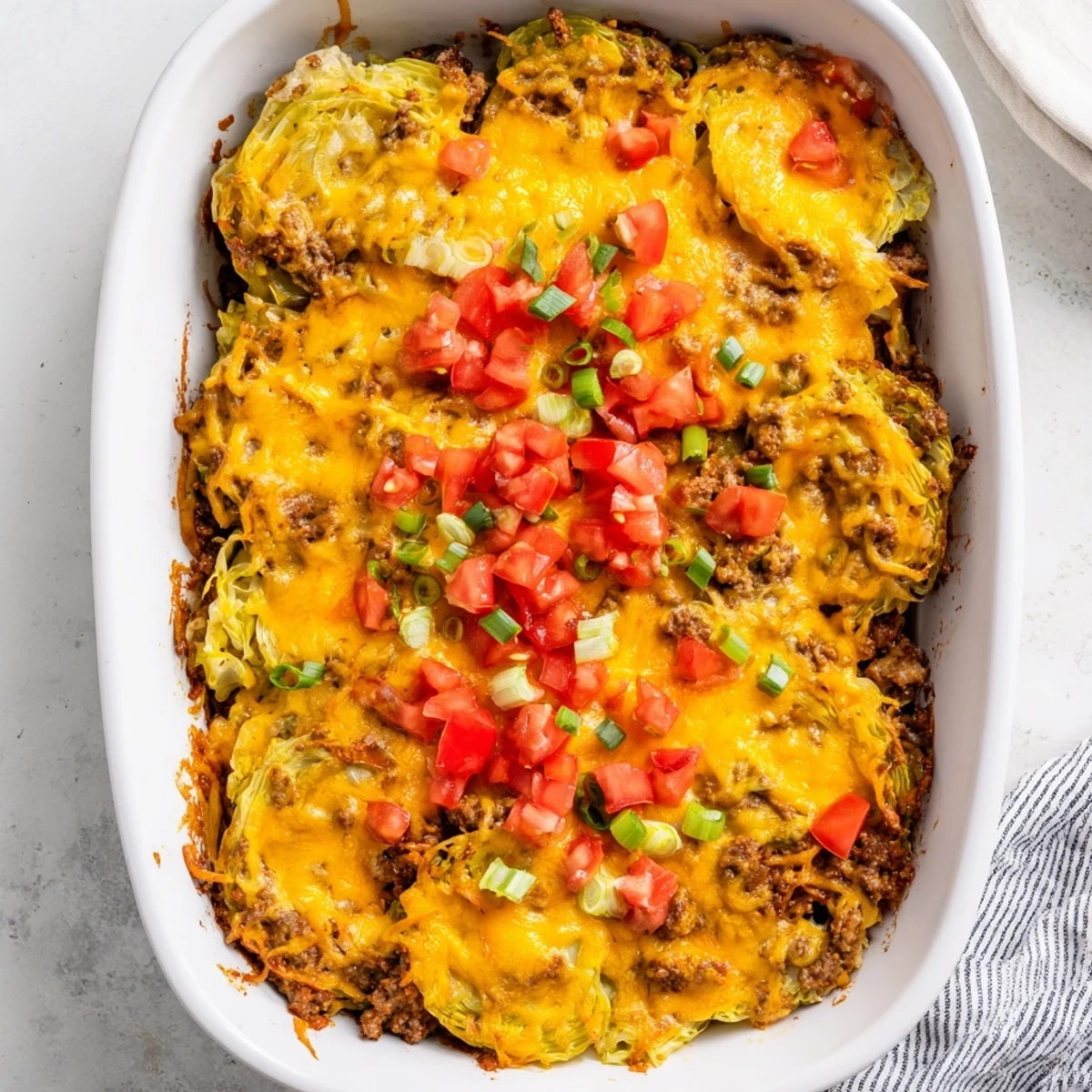 A close-up of bubbling cheddar cheese topping the Easy Crispy Cabbage Burger Bake, garnished with fresh green onions and sliced pickles on a rustic table.  