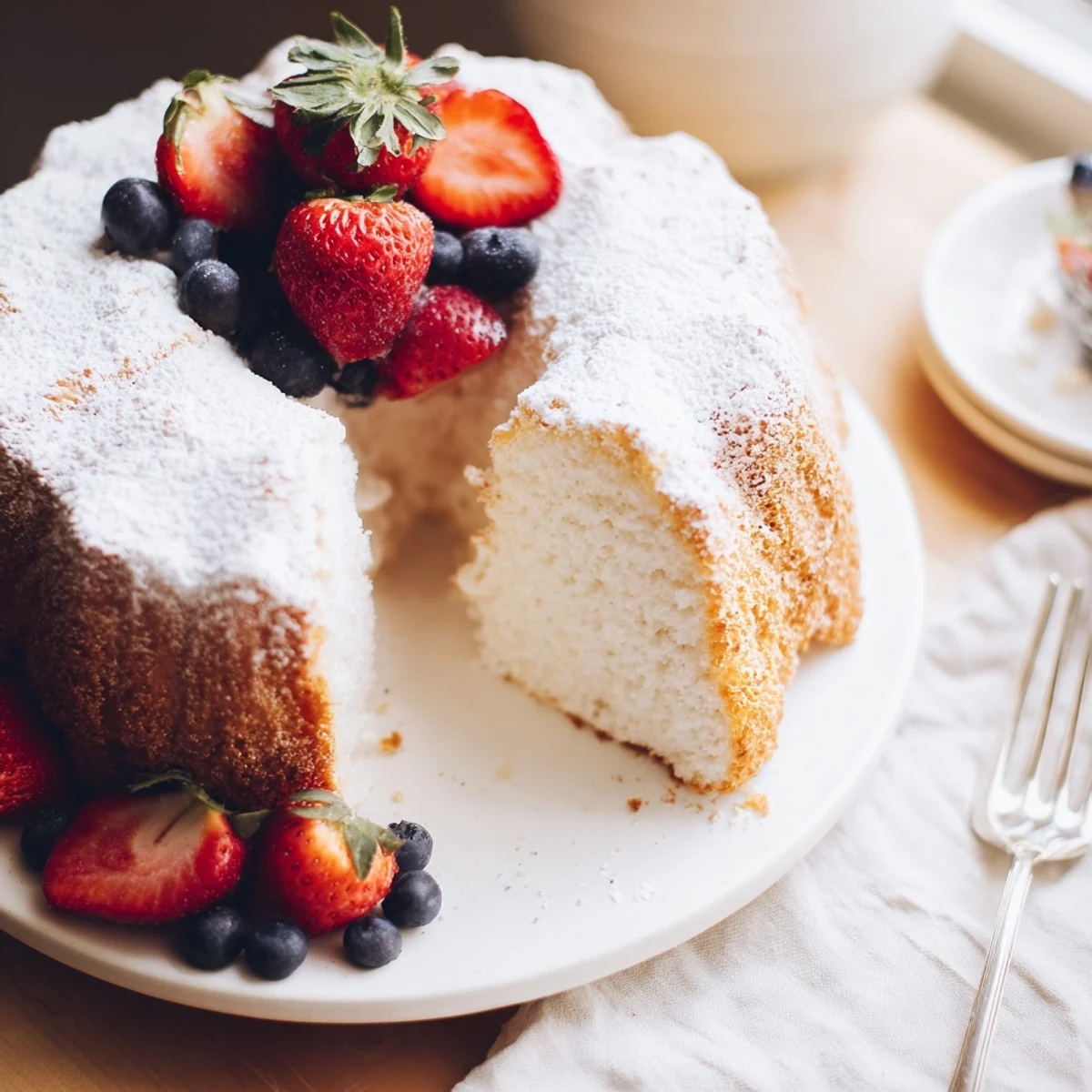 A slice of Fluffy Yogurt Cloud Cake dusted with powdered sugar sits beside fresh berries.
