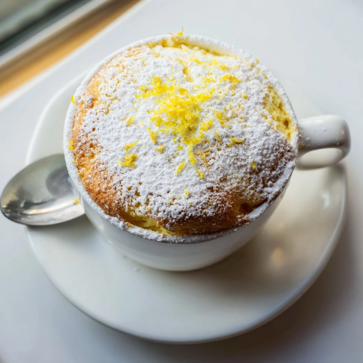 A close-up view of a freshly microwaved Lemon Cottage Cheese Mug Cake, golden and fluffy, garnished with lemon zest in a white mug.