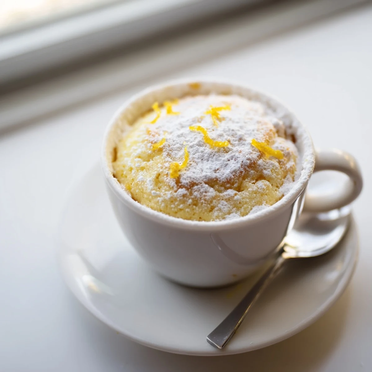 Warm, single-serving Lemon Cottage Cheese Mug Cake with a soft texture, perfect for a quick and healthy afternoon snack.