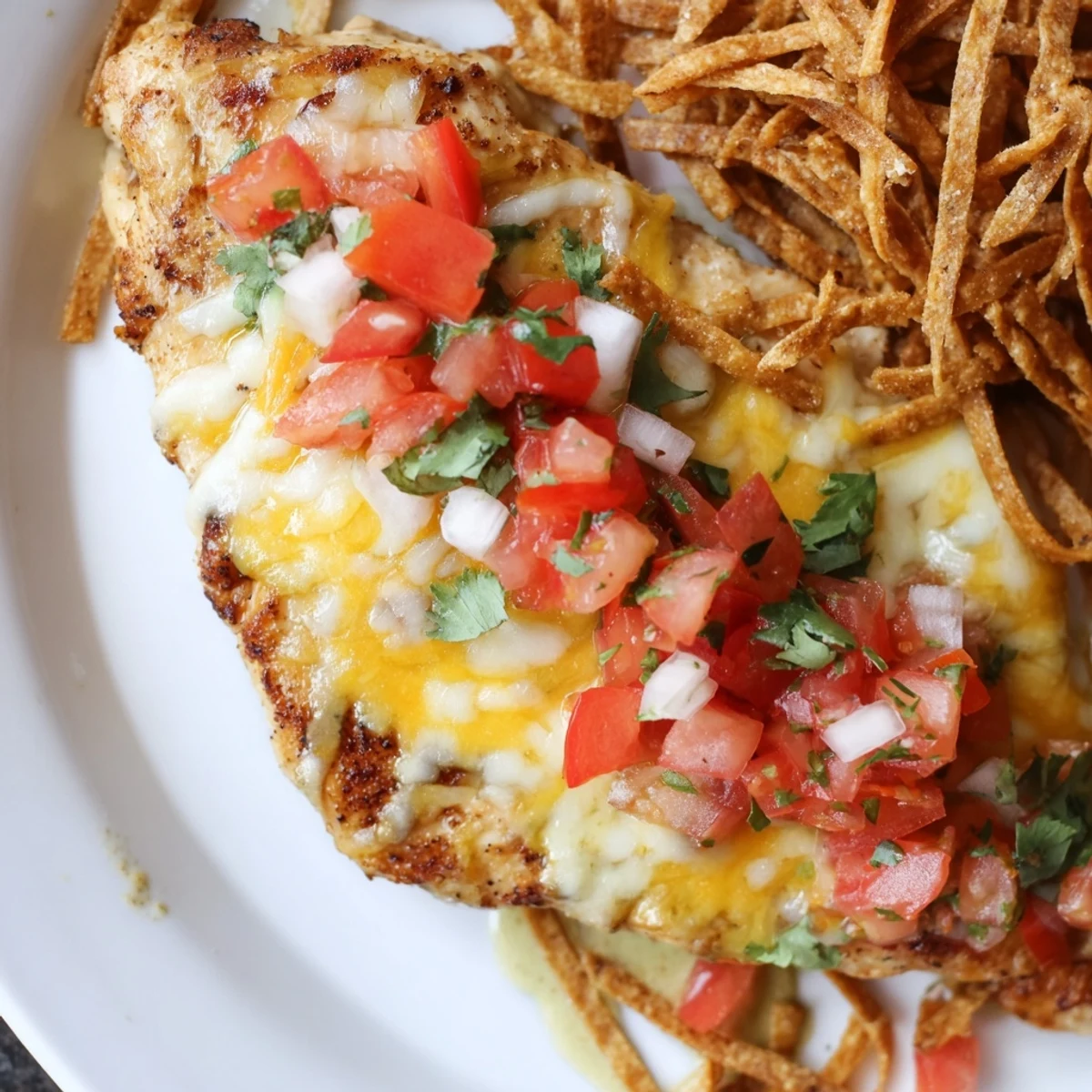 Fiesta Lime Chicken served hot and tangy, topped with crunchy tortilla strips and a spoonful of vibrant pico de gallo.