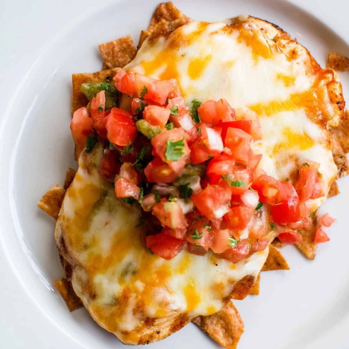 Grilled Fiesta Lime Chicken with smoky char marks, finished with melted cheese and a colorful garnish of pico de gallo.