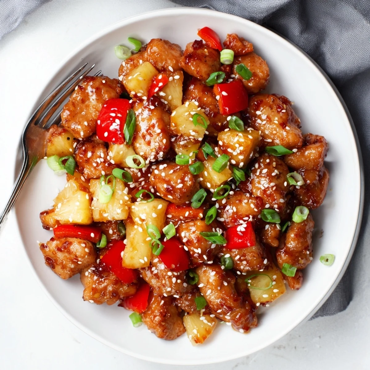 Tender chunks of Sticky Pineapple Chicken served hot over fluffy white jasmine rice.