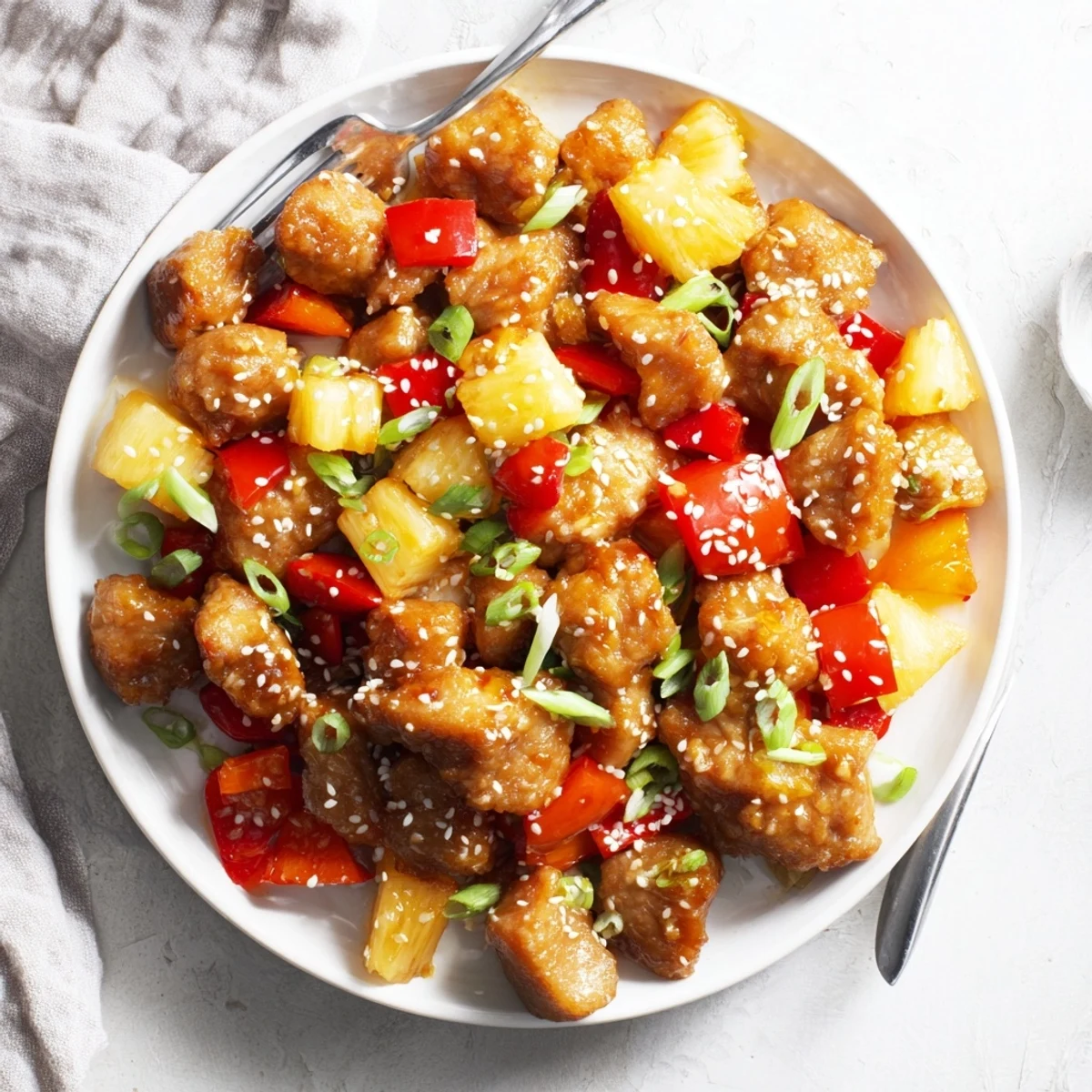 A close-up of Sticky Pineapple Chicken pieces glistening in a thick, glossy sauce.