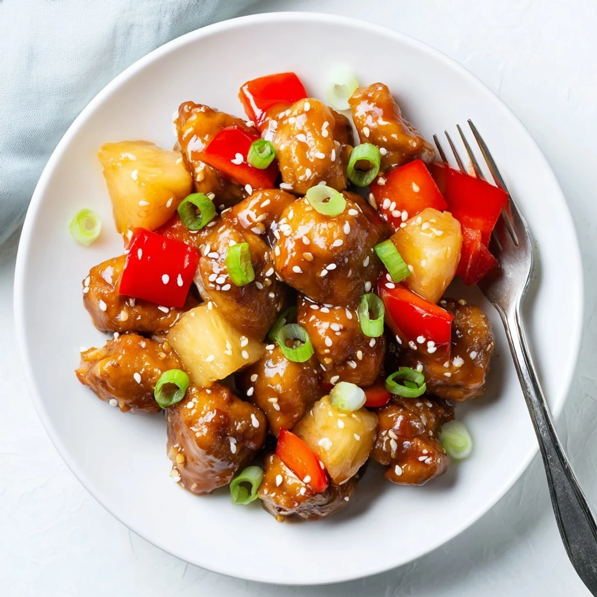 A skillet of Sticky Pineapple Chicken garnished with green onions and sesame seeds.