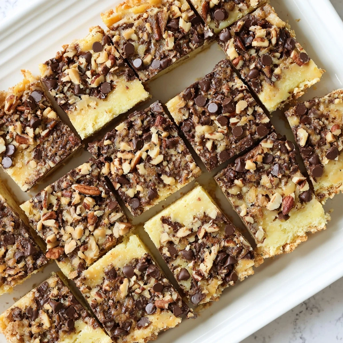 A close view of homemade Cake Mix Toffee Bars on a rustic platter.