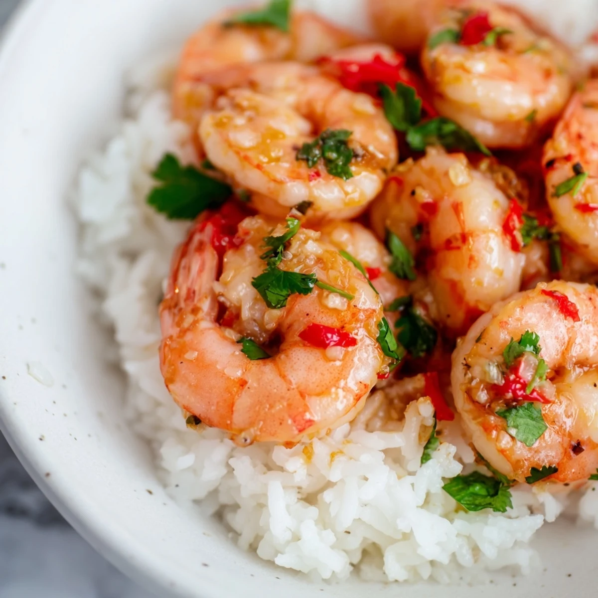 Fragrant coconut rice topped with sizzling spicy lemongrass shrimp, garnished with lime wedges and fresh cilantro.