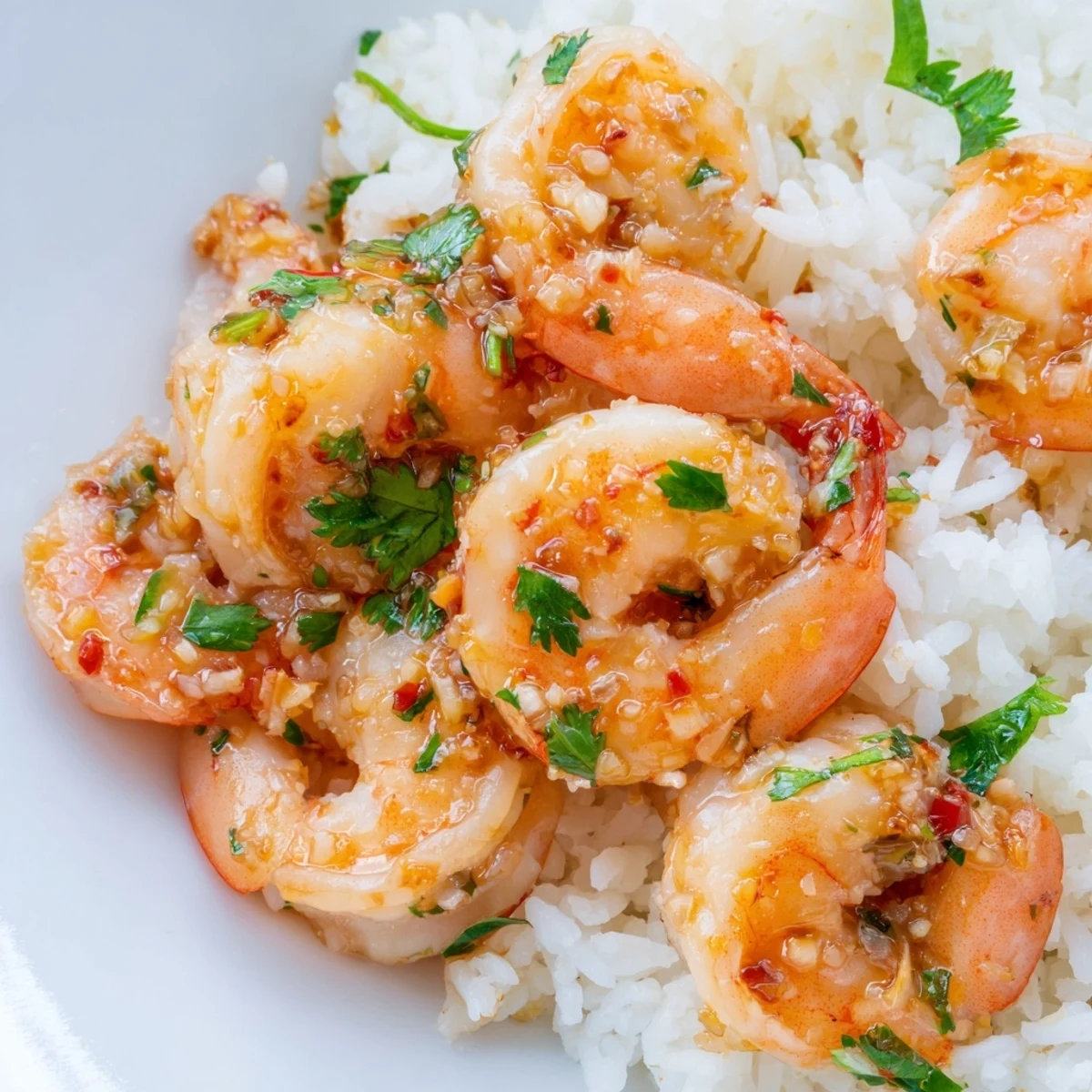 Spicy lemongrass shrimp plated with aromatic jasmine coconut rice, finished with cilantro and a squeeze of lime.