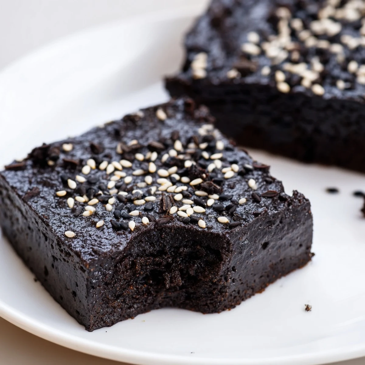 Richly textured Black Sesame Brownies with a glossy crackly top and visible sesame seeds ready to serve.