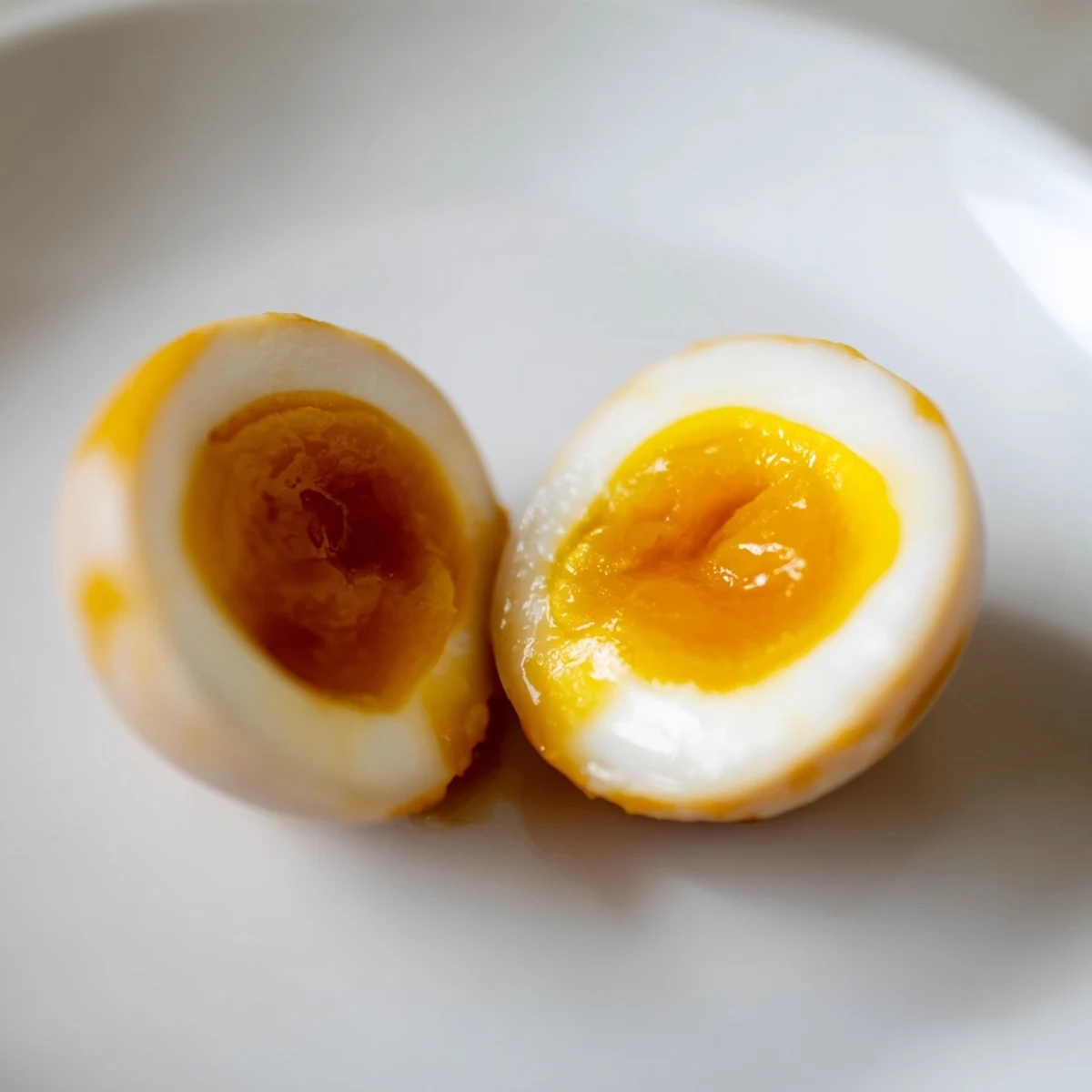 Golden-brown marinated ramen eggs resting on a wooden plate, sliced in half to reveal jammy yolks and served alongside a steaming bowl of noodles and scallions.