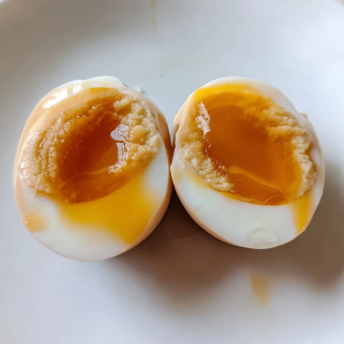 Perfectly soft-boiled ramen eggs with a savory soy glaze, set on a ceramic spoon ready to top a hearty homemade noodle soup.