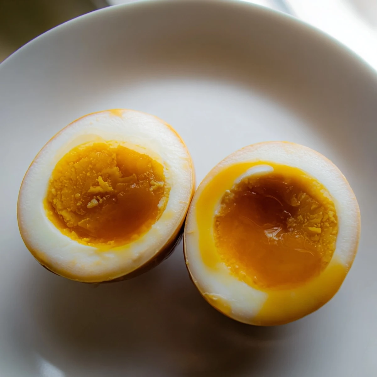 Japanese-style ramen eggs, marinated until deeply flavorful and halved to show creamy centers, garnished with sesame seeds and green onions on a rustic background.