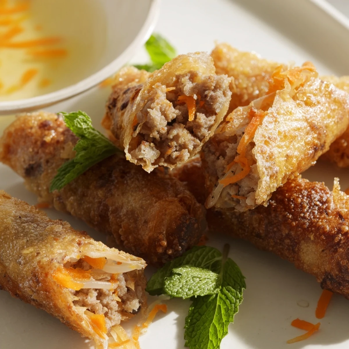 Close-up of crispy Cha Gio fried spring rolls, showing the crunchy exterior and tender pork and shrimp filling inside.