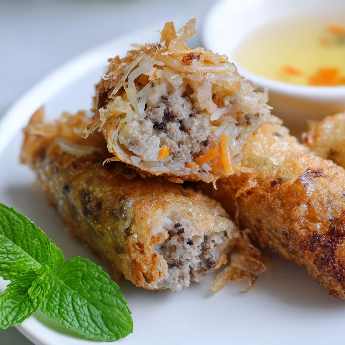 Cha Gio served hot on a platter with lime wedges and cucumber slices, perfect for a Vietnamese appetizer spread.