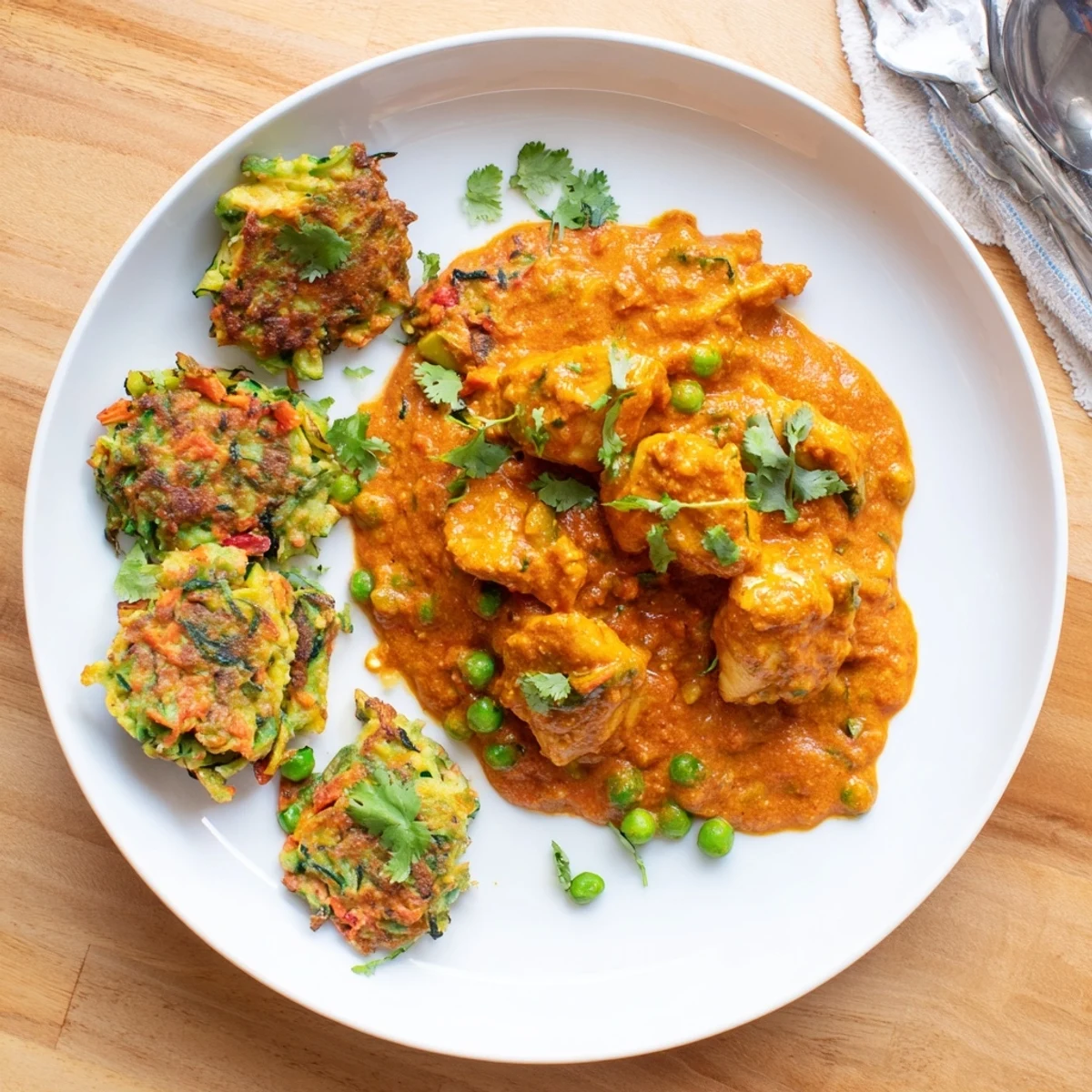 A close-up view of crispy Butter Chicken and Vegetable Fritters garnished with fresh cilantro, ready to serve.