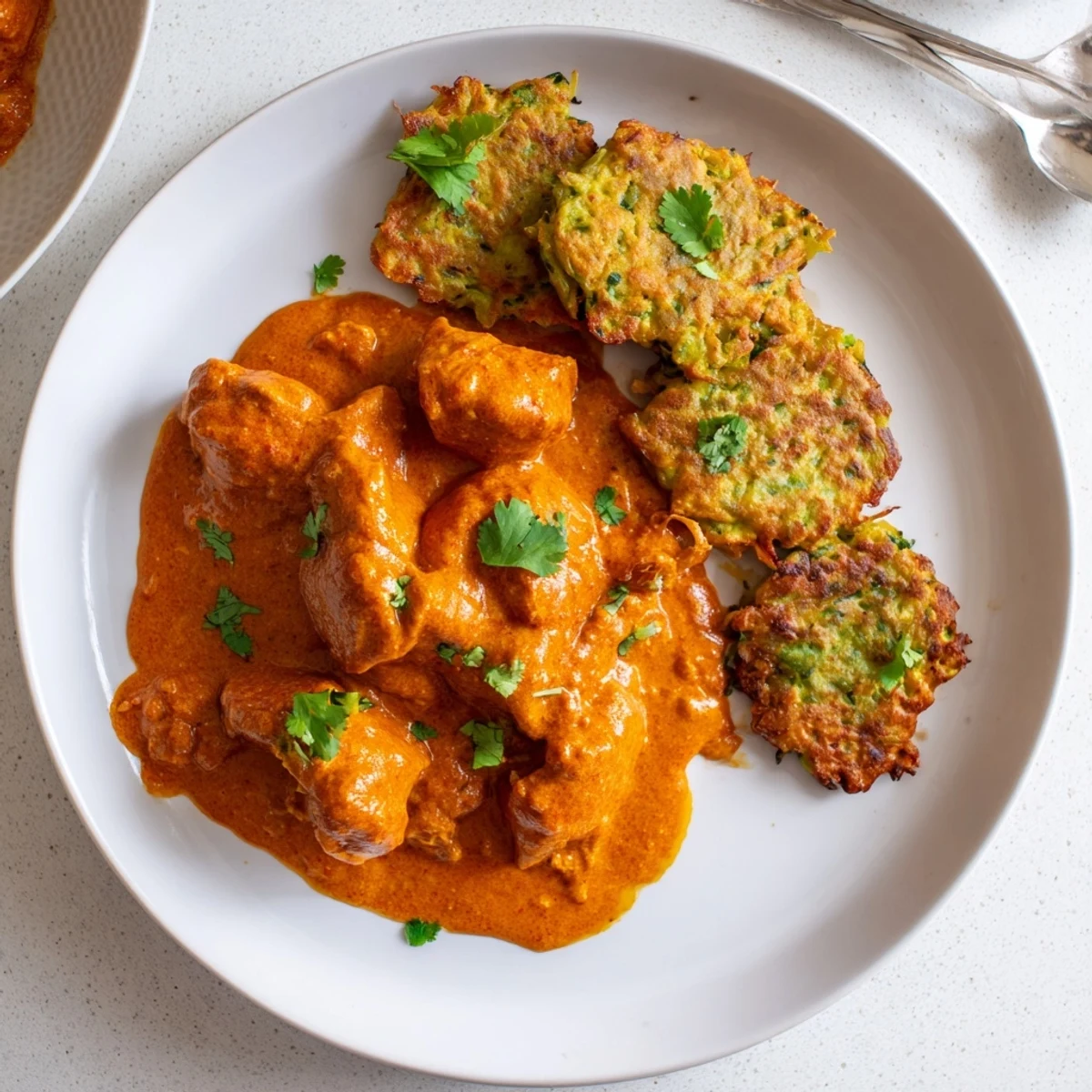 Golden vegetable fritters beside creamy, aromatic Butter Chicken and Vegetable Fritters on a rustic plate.