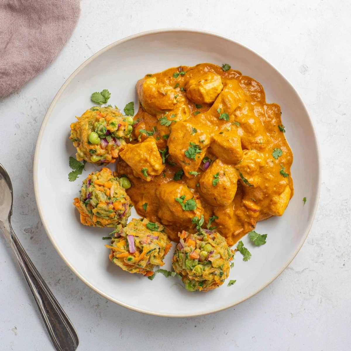 Sizzling Butter Chicken and Vegetable Fritters presented with basmati rice for a complete Indian-inspired meal.
