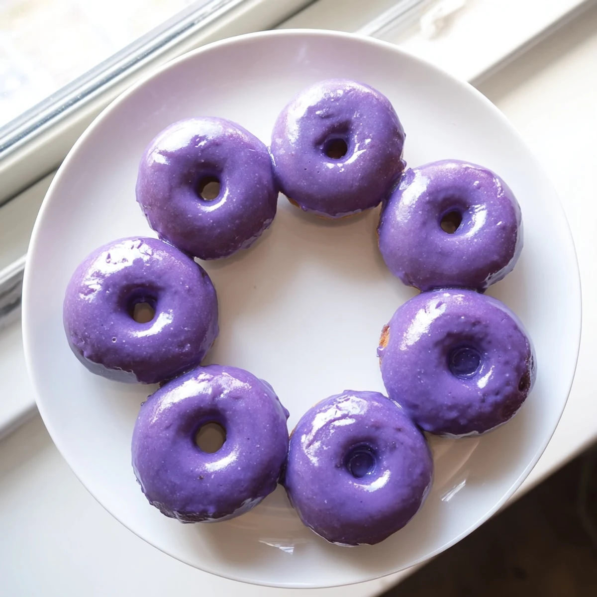 Glazed Ube Mochi Donuts served on a white plate with a hot cup of coffee.