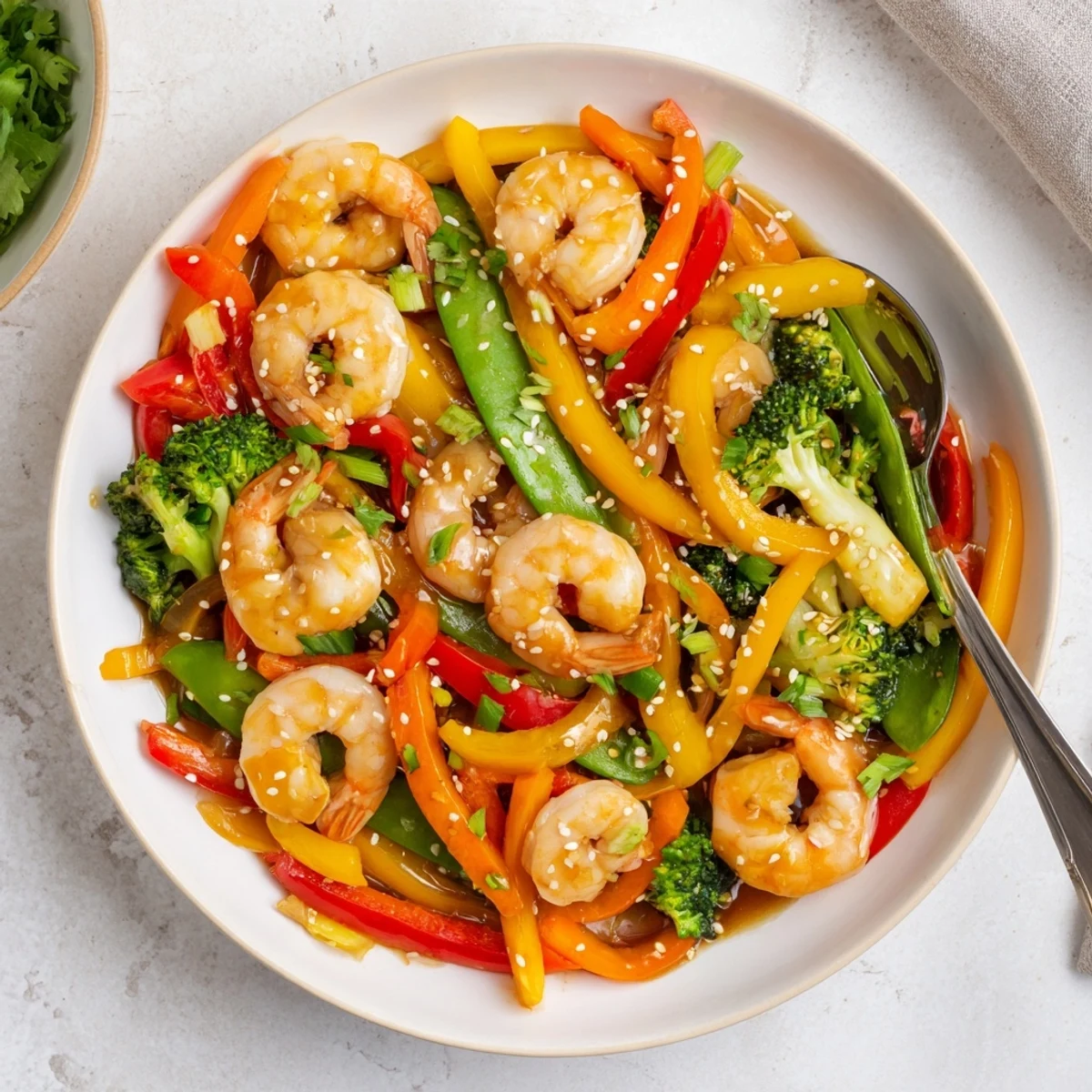Shrimp Stir Fry served over steamed white rice, garnished with sesame seeds and fresh cilantro, perfect for a quick dinner.