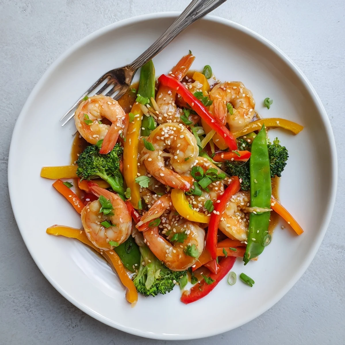 Overhead view of Shrimp Stir Fry showing tender pink shrimp and crisp broccoli florets in a glossy, aromatic sauce.