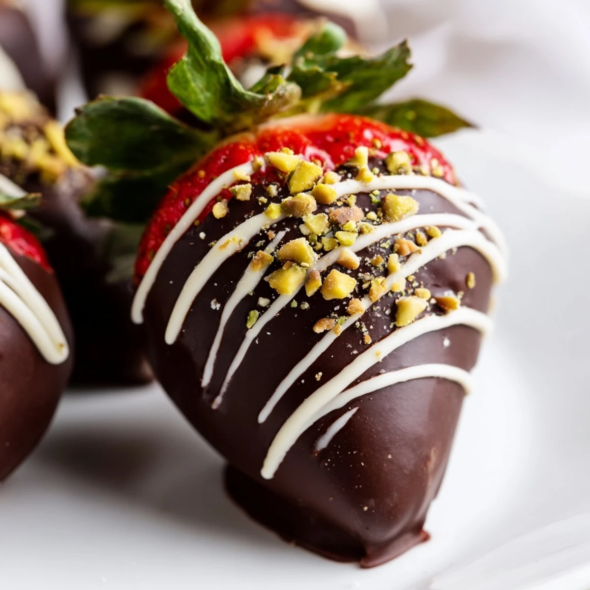 A close-up of chocolate covered strawberries for Valentines Day with glossy dark chocolate and pistachio topping