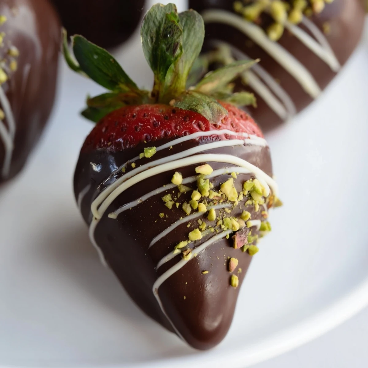 Perfectly set chocolate covered strawberries for Valentines Day served chilled on a white marble surface