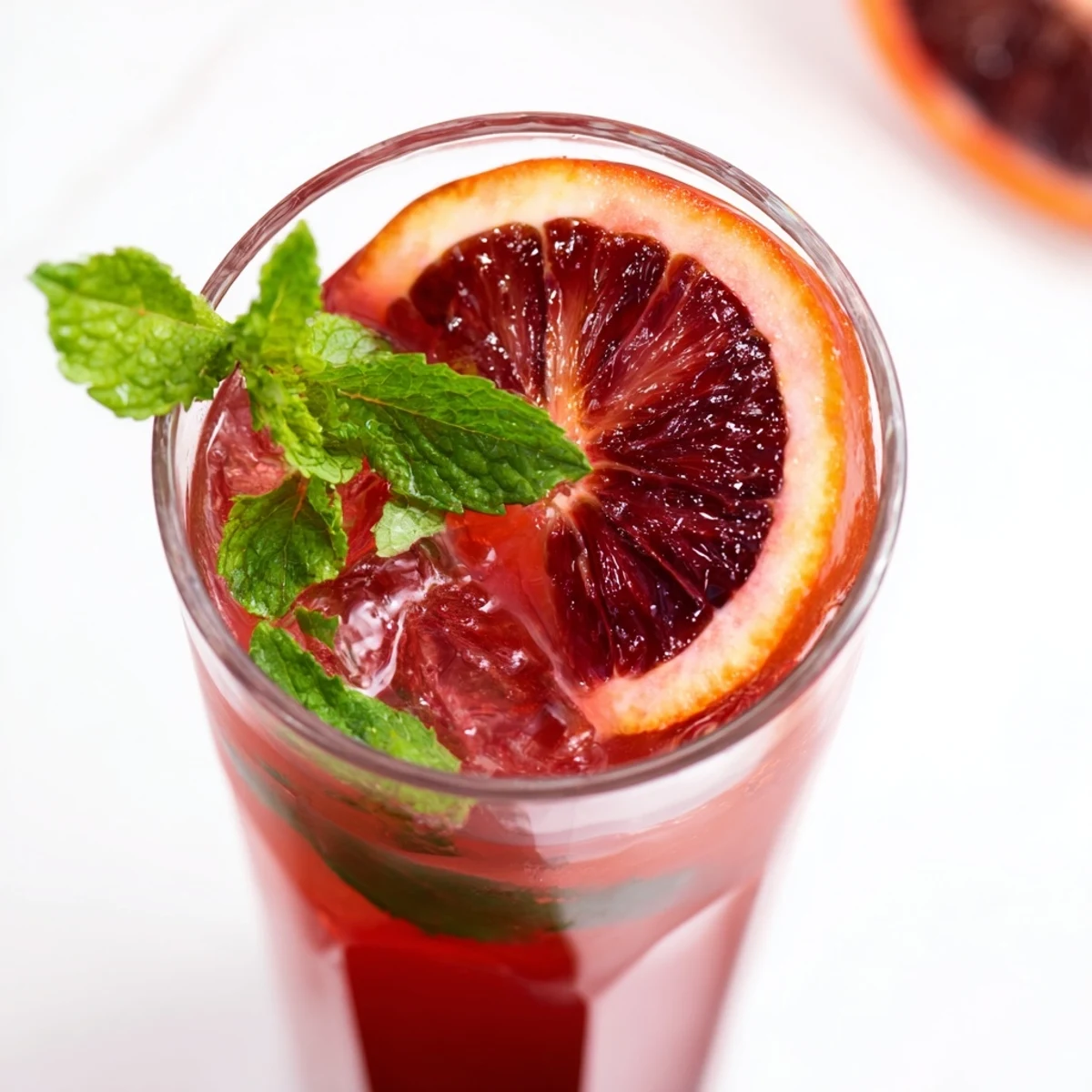 A tall glass of Blood Orange Lemonade, filled with ice cubes and garnished with fresh blood orange slices and mint leaves.