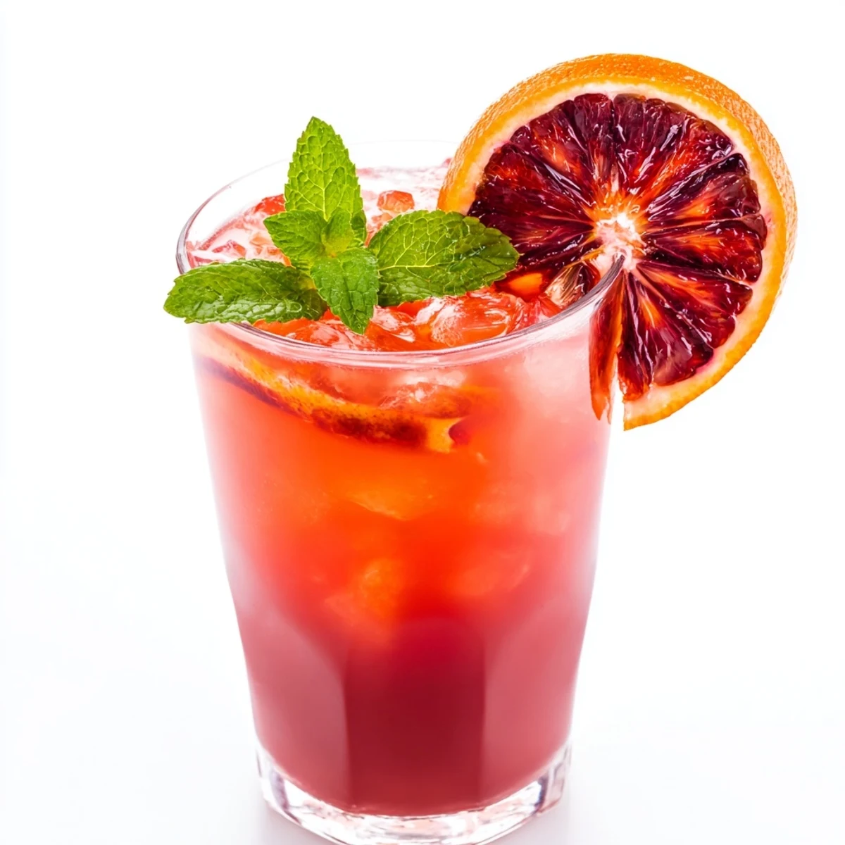 A refreshing glass of Blood Orange Lemonade features fresh lemon slices and a sprig of mint, ready for a summer gathering.