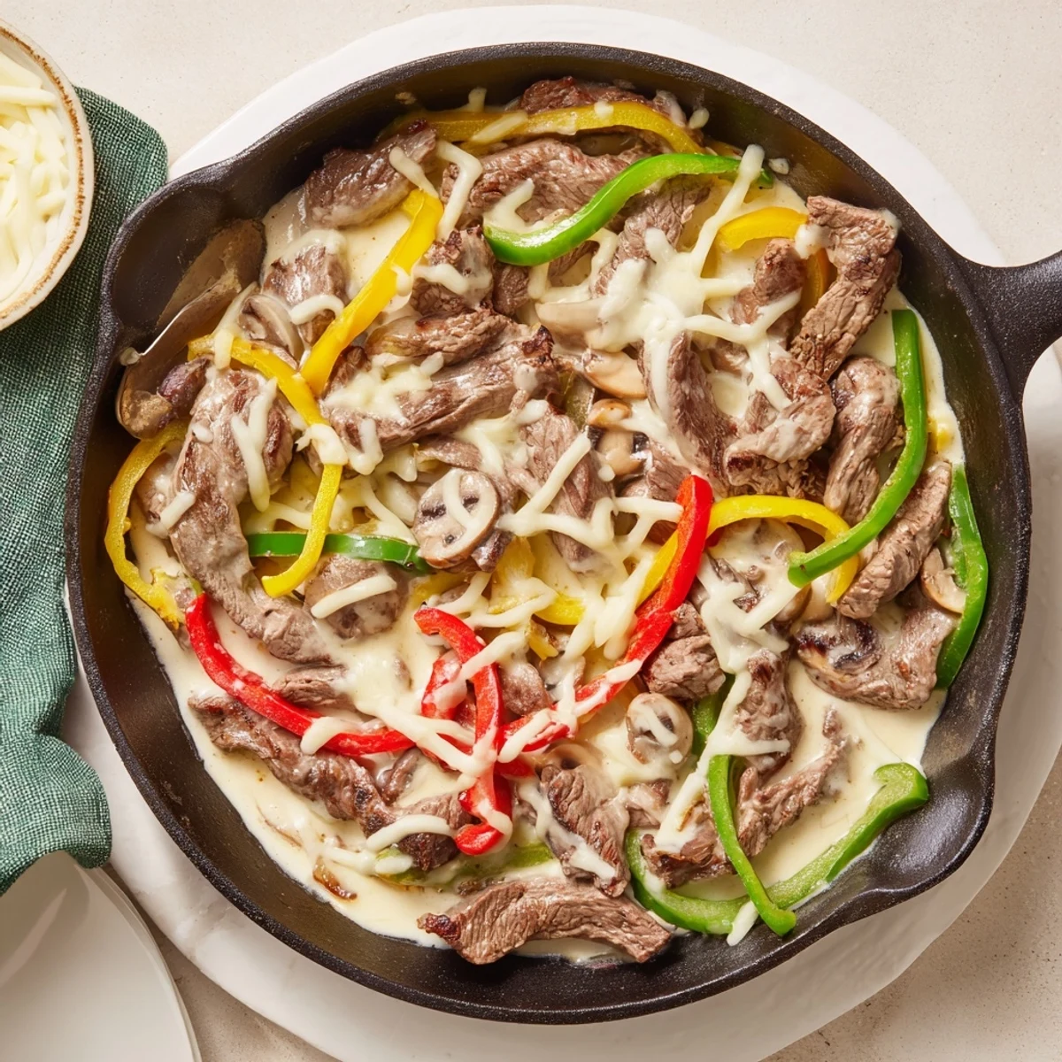 A skillet of Creamy Keto Philly Cheesesteak with melted provolone, peppers, and onions.