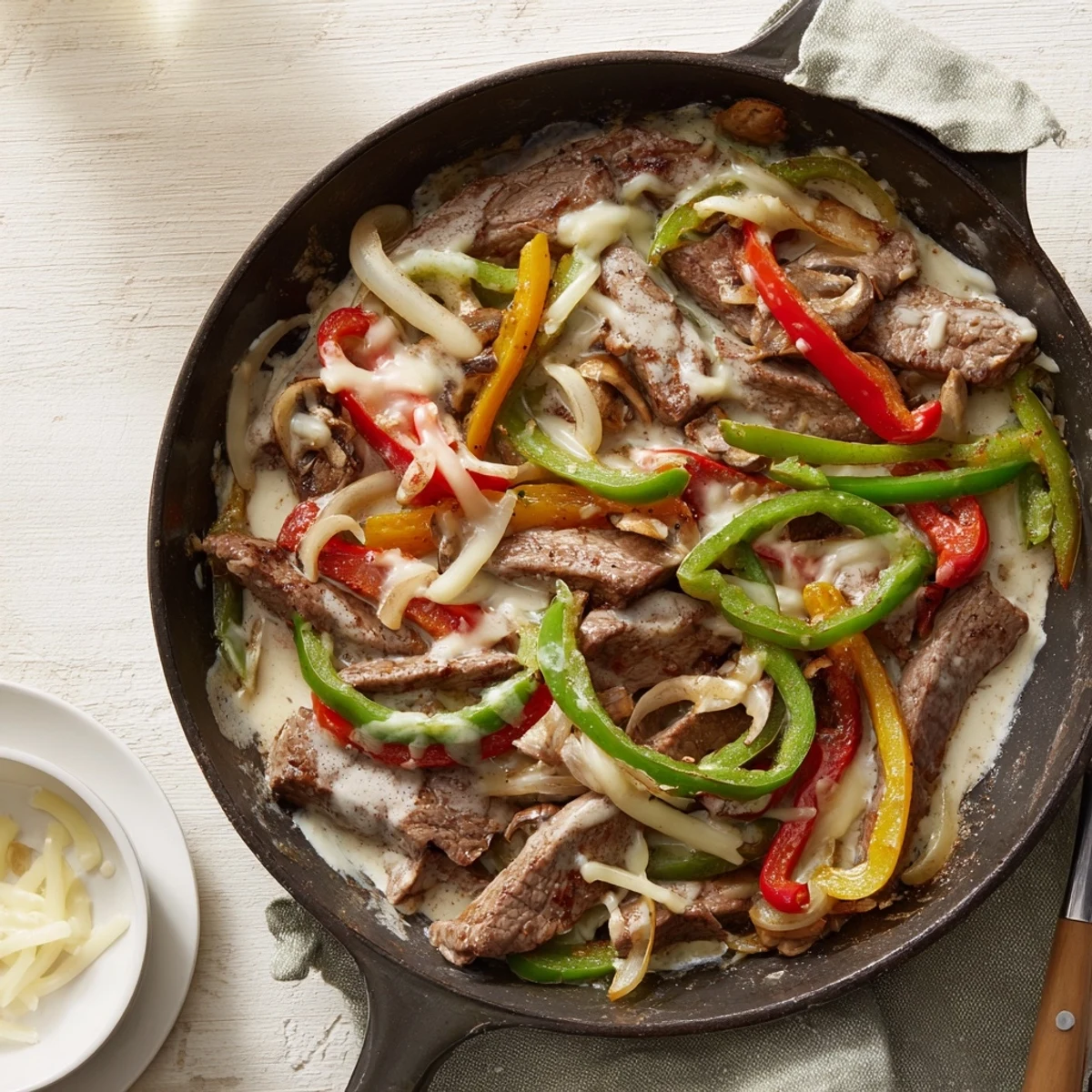 Creamy Keto Philly Cheesesteak Skillet served hot with a side of cauliflower rice.
