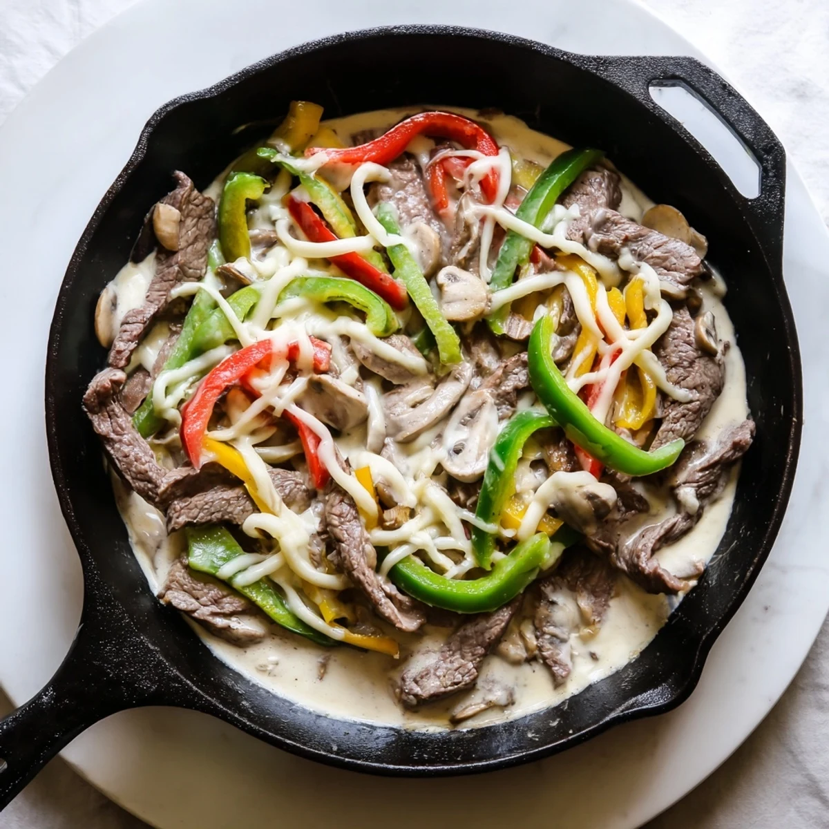 Sizzling Creamy Keto Philly Cheesesteak Skillet topped with gooey cheese and sautéed mushrooms.