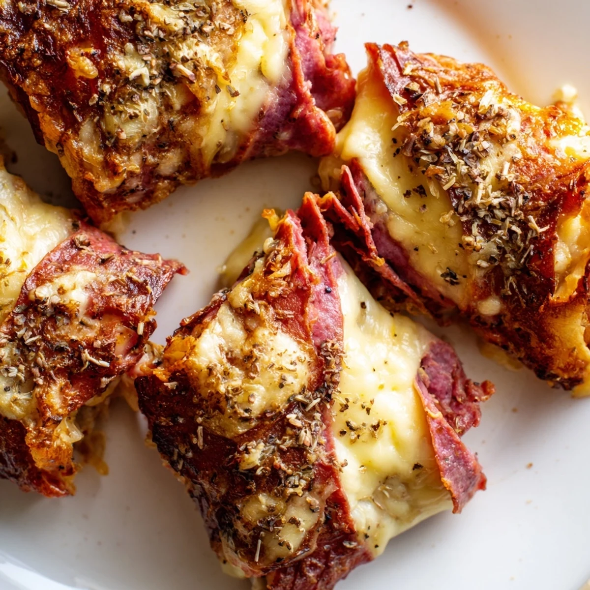 Keto Crispy Reuben Roll Ups are displayed with extra Russian dressing for dipping, alongside a bed of fresh lettuce.