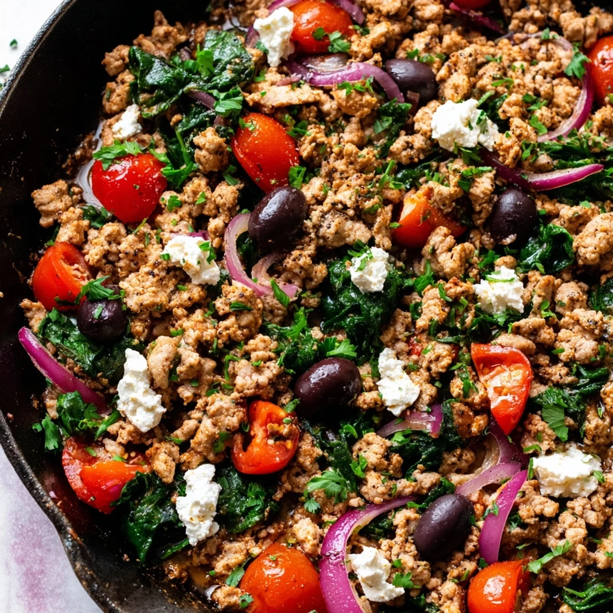 A close-up of Mediterranean Keto Skillet with Ground Chicken, Olives & Feta topped with crumbled feta cheese.