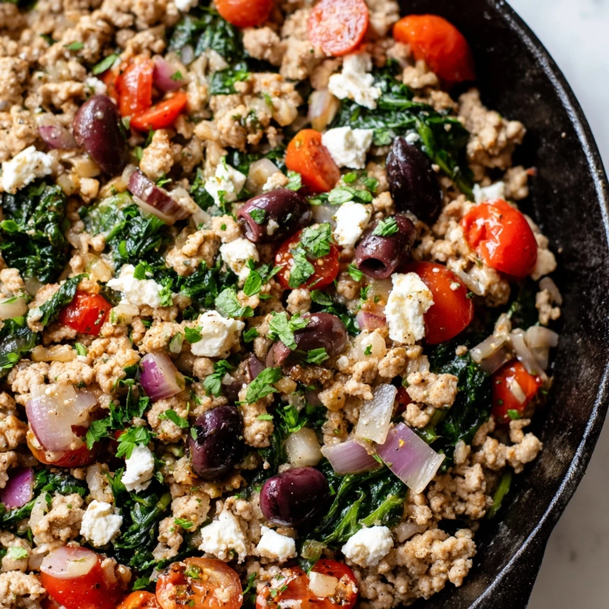 Sizzling Mediterranean Keto Skillet with Ground Chicken, Olives & Feta in a pan with spinach and tomatoes.