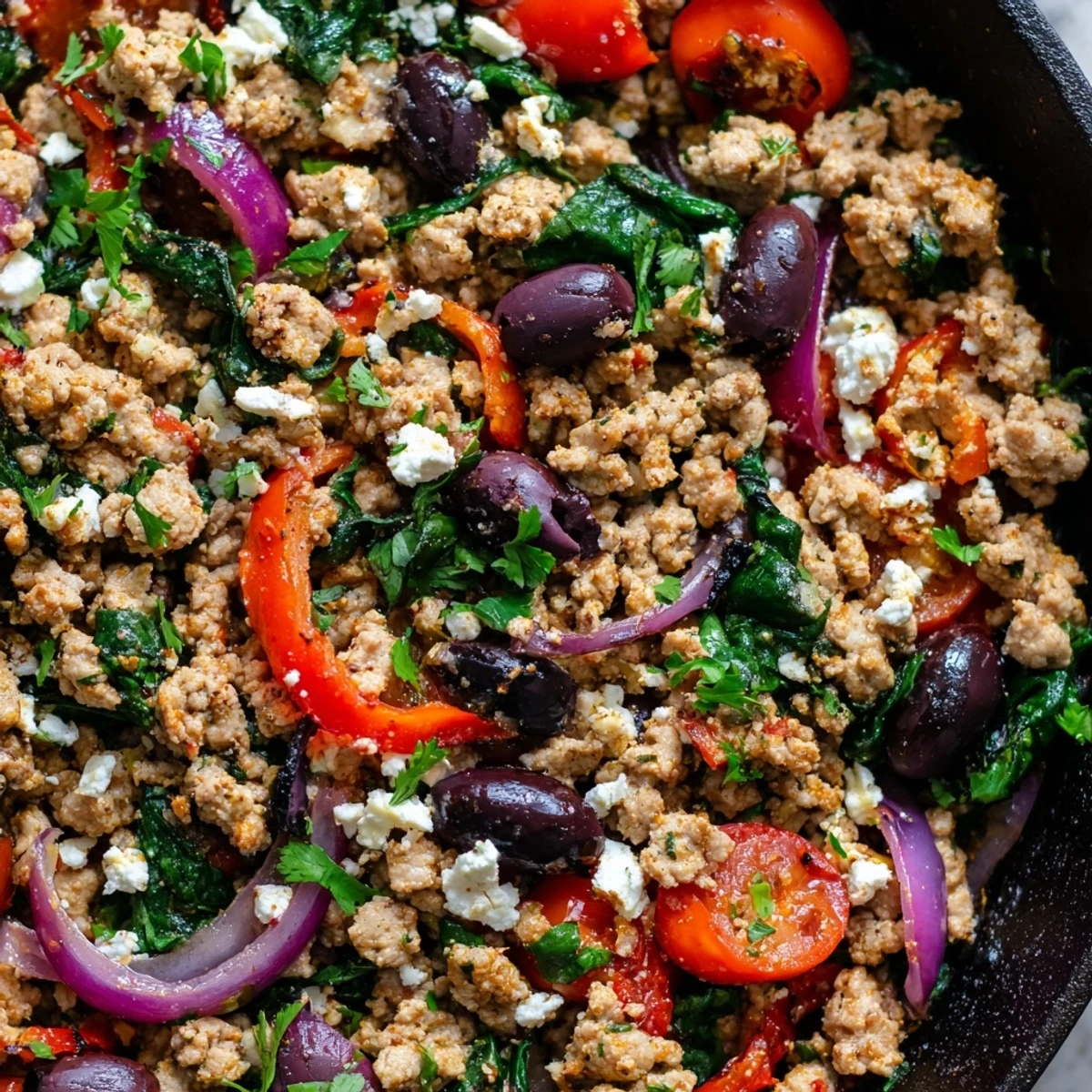 Mediterranean Keto Skillet with Ground Chicken, Olives & Feta served hot, garnished with fresh parsley and olives.