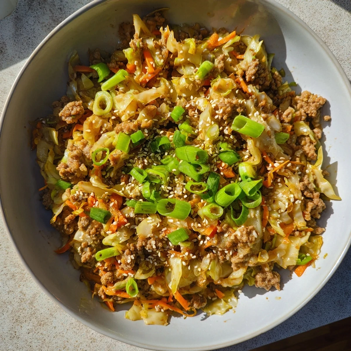 A close-up of savory Egg Roll In A Bowl, featuring ground pork and crisp coleslaw mix glistening with sesame sauce, garnished with green onions.