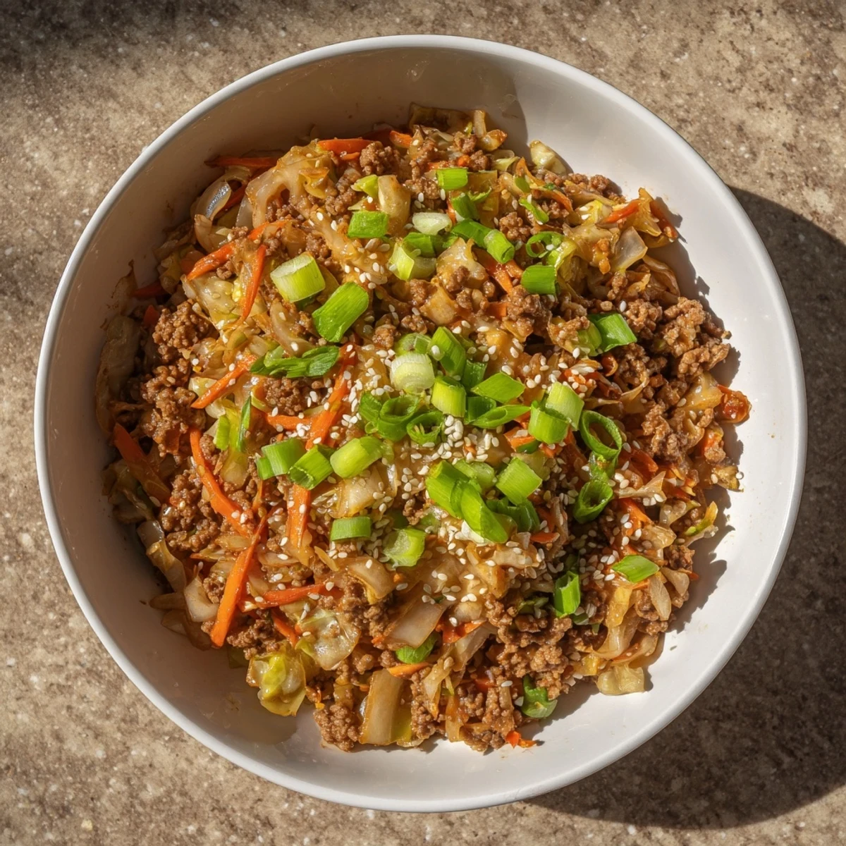 A hearty skillet of keto-friendly Egg Roll In A Bowl with vibrant shredded cabbage, carrots, and savory ground pork, ready for a quick weeknight dinner.