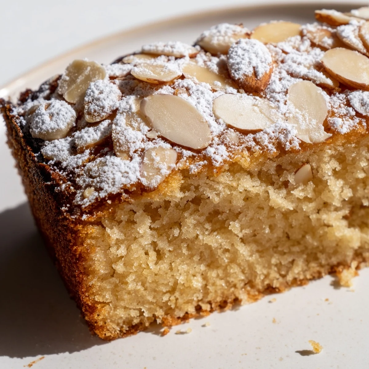 Slices of almond cake served with fresh berries and whipped cream for dessert.