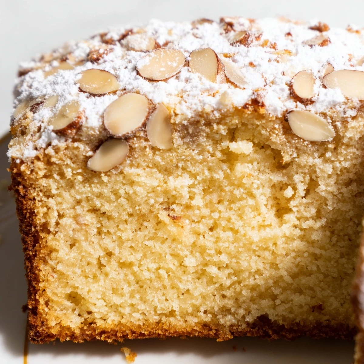 Freshly baked almond cake with golden crust and almond slices on a wooden board.