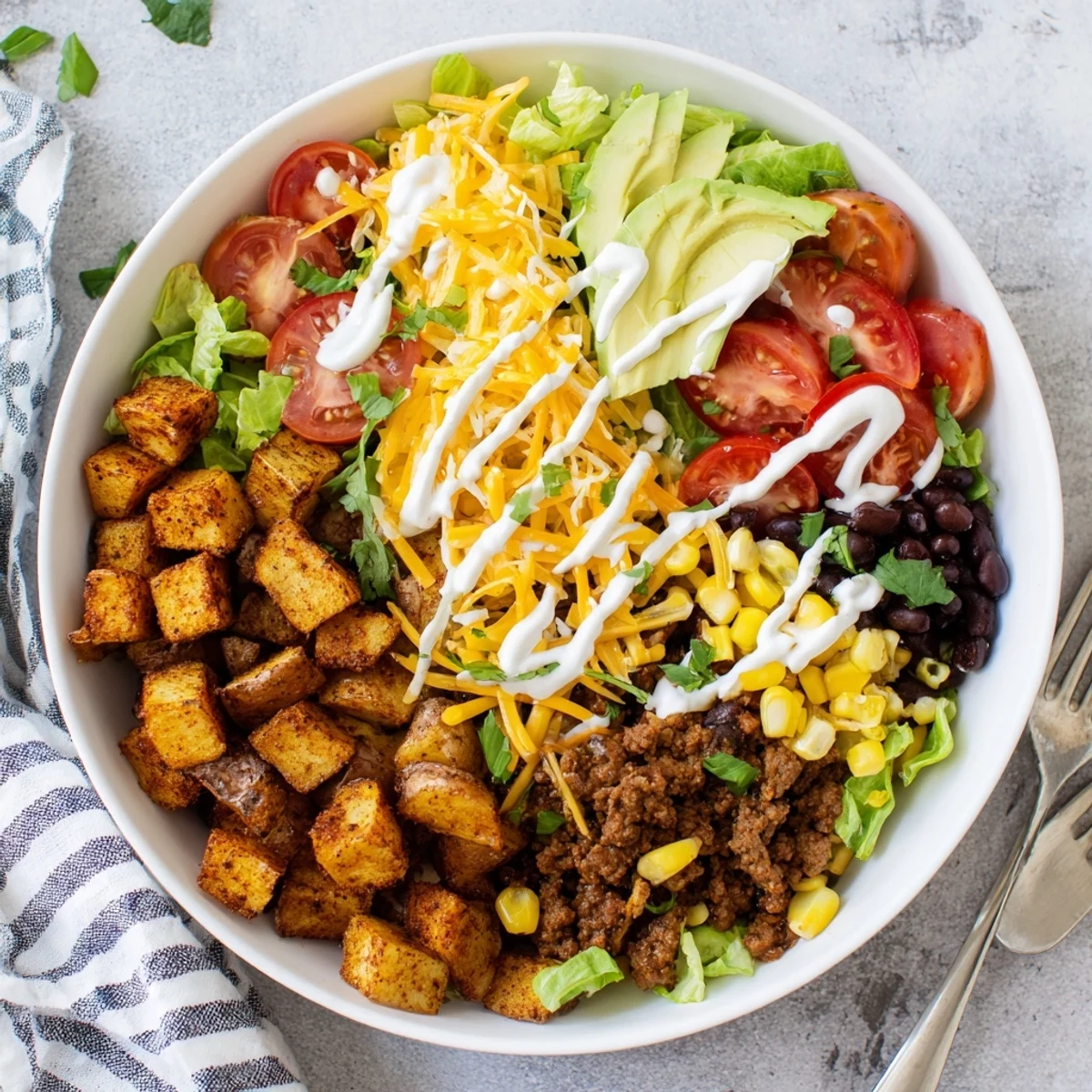 A close-up of a Loaded Potato Taco Bowl with golden roasted potatoes, seasoned beef, and creamy avocado slices.