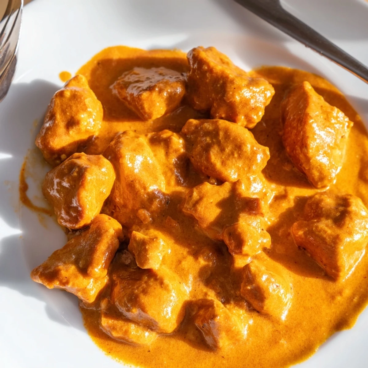 Creamy 5 Ingredient Keto Butter Chicken simmering in a skillet with golden-brown chicken pieces coated in rich, spiced tomato cream sauce.