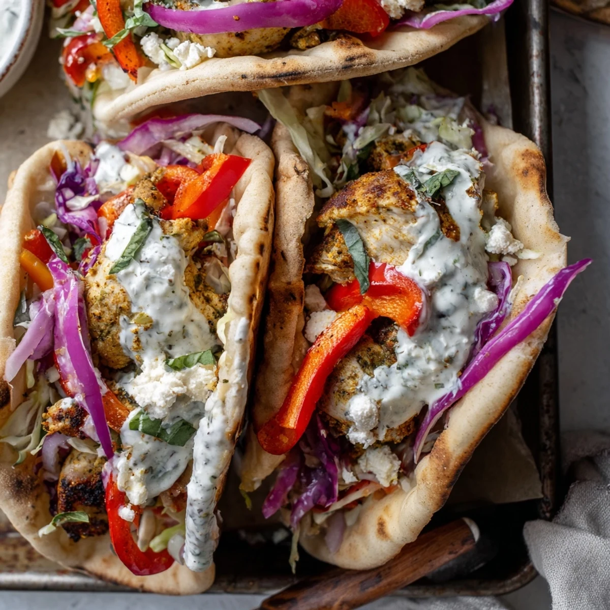Juicy Sheet Pan Chicken Pitas with fresh herb ranch slaw on a rustic plate for a family dinner.