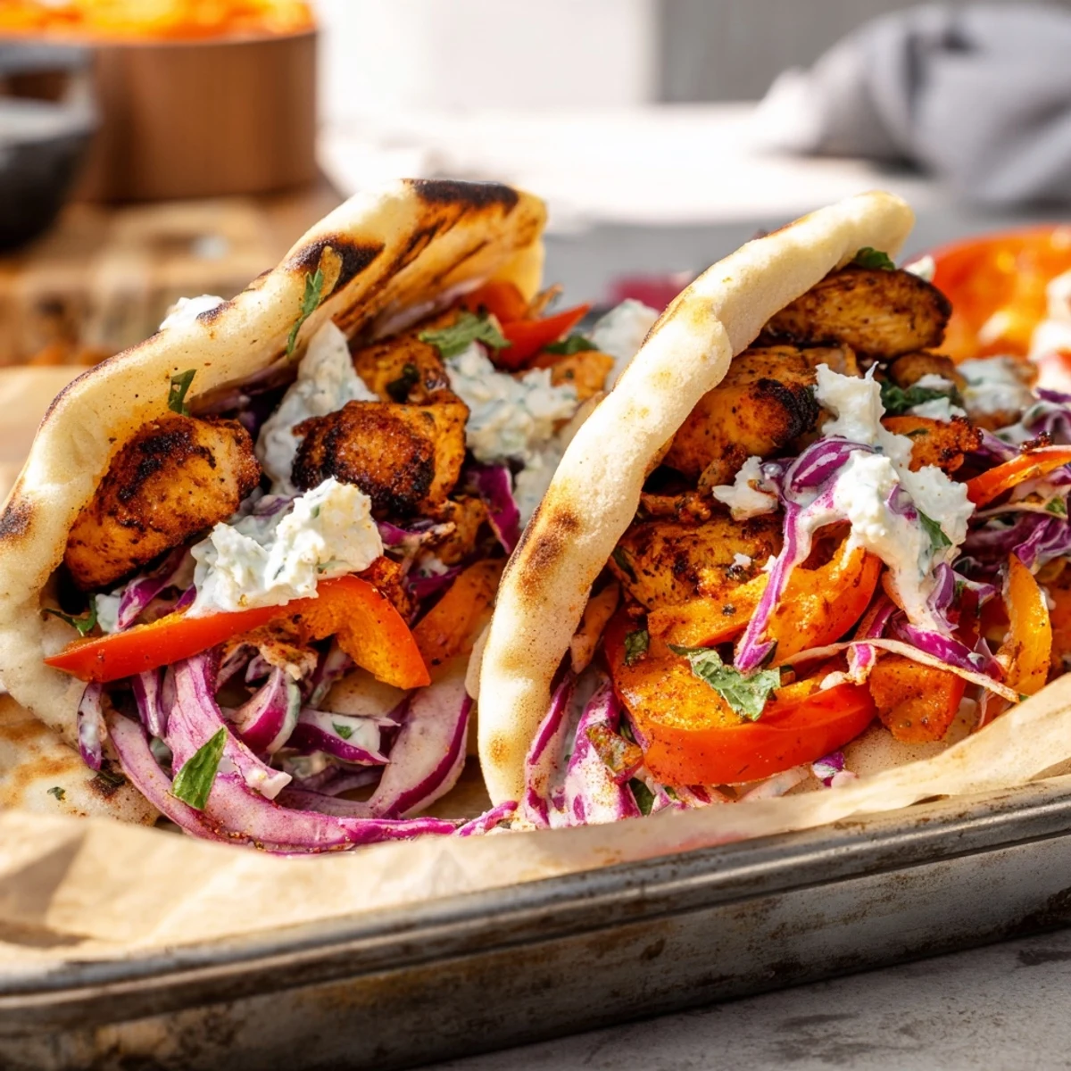 Colorful Sheet Pan Chicken Pitas ready to serve with lemon wedges on a sunny kitchen counter.