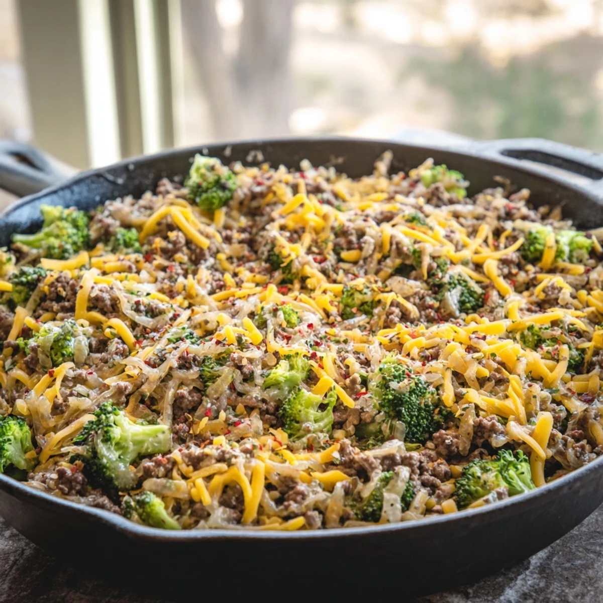 Steam rises from the Keto Hamburger Broccoli Skillet as the broccoli meets creamy cheese and beef.