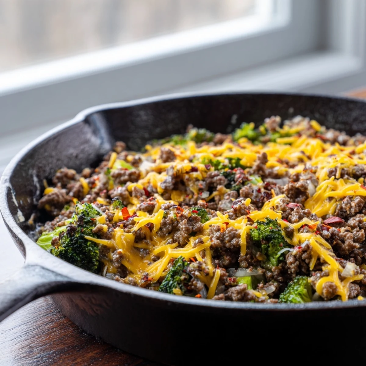 Golden melted cheddar blankets the Keto Hamburger Broccoli Skillet, featuring savory ground beef and green florets.