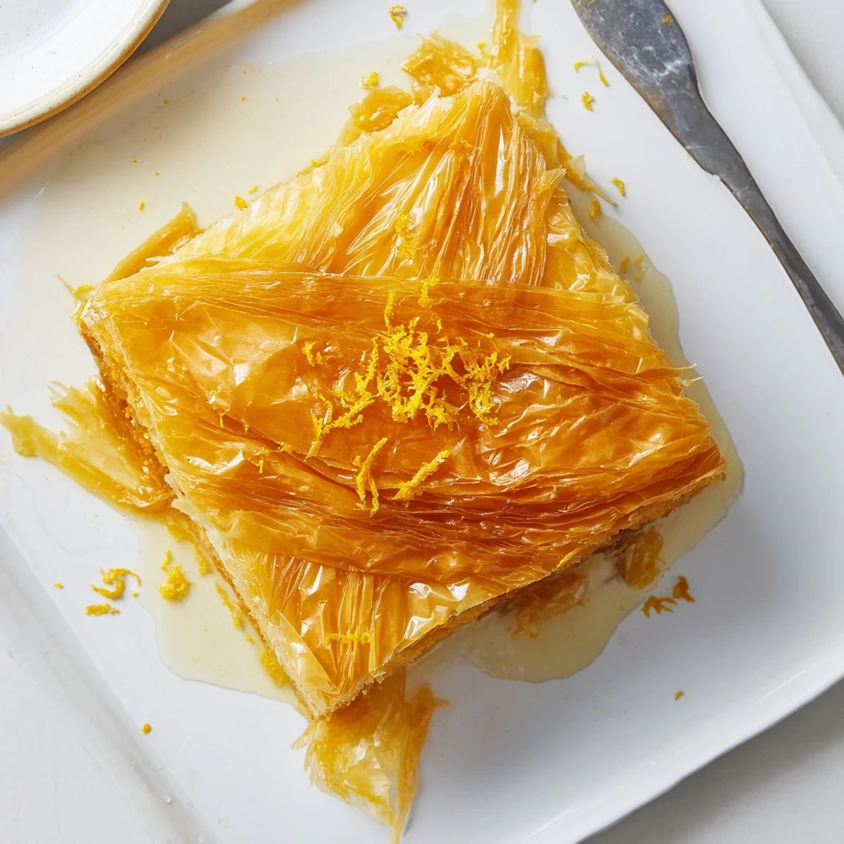 A close-up of Portokalopita, the syrup-drenched Greek orange cake with crispy phyllo layers.