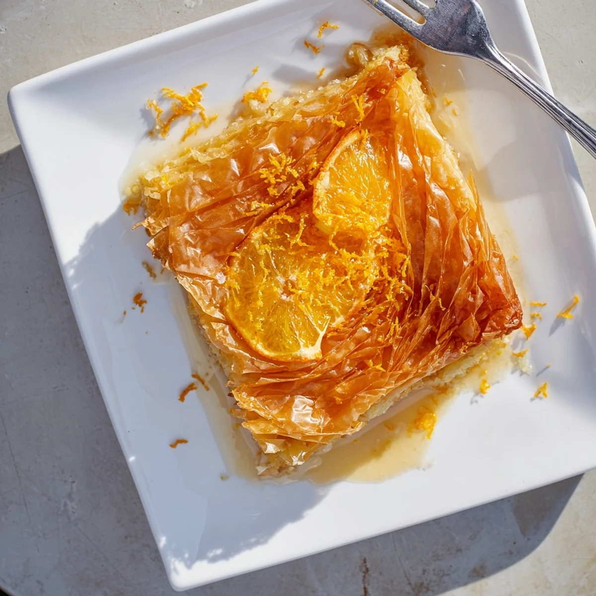 A baked Portokalopita with orange zest and syrup, served on a white plate.