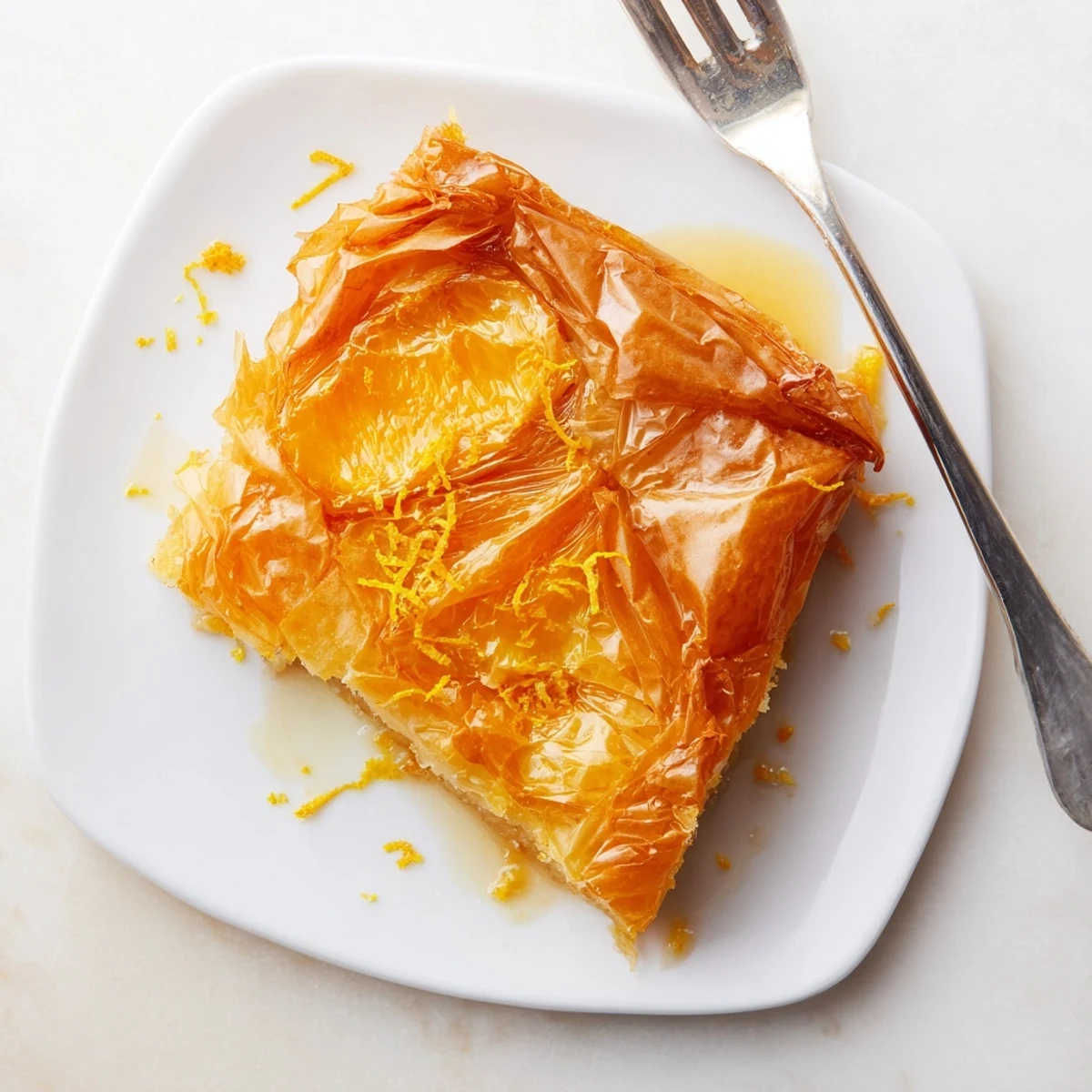 A slice of Portokalopita shows crumpled phyllo, yogurt batter, and sweet syrup.